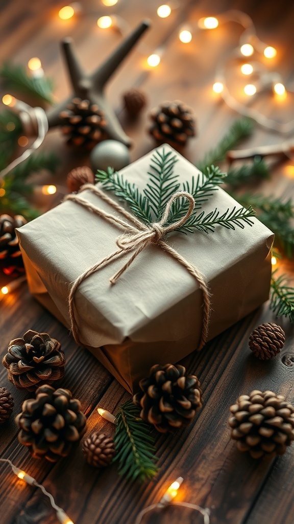 Aesthetic Christmas gift wrapped in kraft paper with twine and greenery on a wooden table.